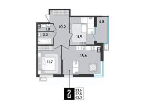 2-к квартира, вторичка, 62м2, 5/9 этаж