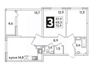 3-к квартира, вторичка, 73м2, 15/16 этаж