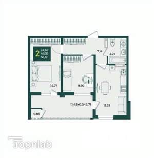 2-к квартира, вторичка, 56м2, 9/18 этаж