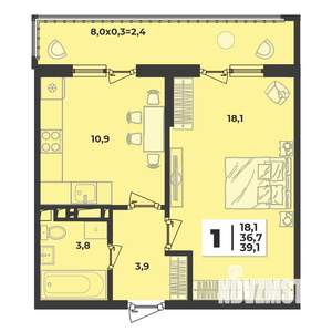 1-к квартира, строящийся дом, 39м2, 9/9 этаж