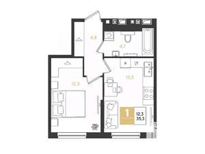 1-к квартира, строящийся дом, 35м2, 9/18 этаж