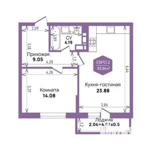 2-к квартира, вторичка, 53м2, 16/24 этаж