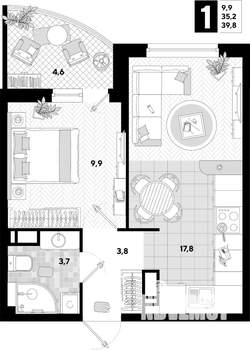 1-к квартира, строящийся дом, 40м2, 11/16 этаж