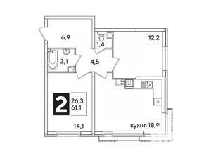 2-к квартира, вторичка, 61м2, 4/16 этаж