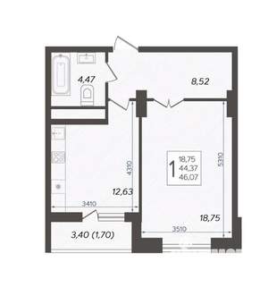 1-к квартира, вторичка, 44м2, 15/16 этаж