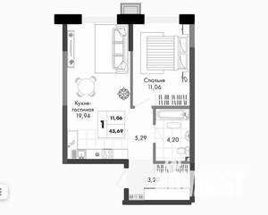 1-к квартира, вторичка, 44м2, 4/9 этаж