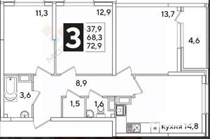 3-к квартира, вторичка, 73м2, 10/16 этаж