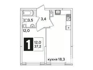 1-к квартира, вторичка, 37м2, 8/16 этаж