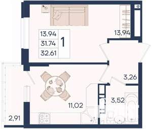 1-к квартира, вторичка, 33м2, 11/18 этаж