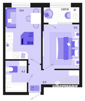 1-к квартира, вторичка, 37м2, 2/18 этаж