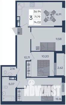 3-к квартира, вторичка, 74м2, 4/18 этаж