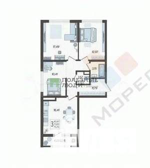 3-к квартира, вторичка, 76м2, 8/12 этаж