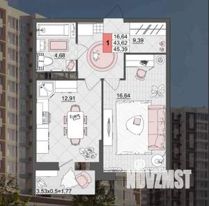 1-к квартира, вторичка, 43м2, 10/19 этаж