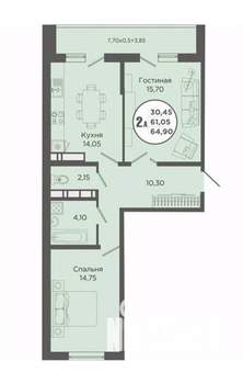 2-к квартира, вторичка, 65м2, 9/16 этаж