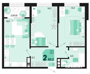 2-к квартира, вторичка, 60м2, 17/18 этаж
