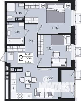 2-к квартира, вторичка, 58м2, 4/8 этаж