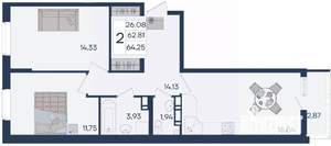2-к квартира, вторичка, 64м2, 7/18 этаж