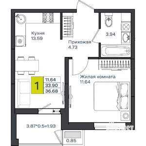1-к квартира, вторичка, 37м2, 3/8 этаж
