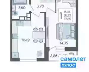 1-к квартира, вторичка, 38м2, 7/12 этаж