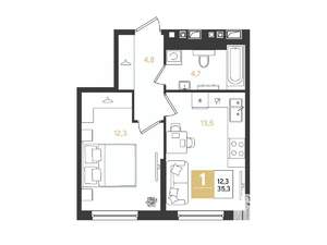 1-к квартира, строящийся дом, 35м2, 16/18 этаж