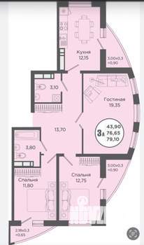 3-к квартира, вторичка, 80м2, 10/19 этаж