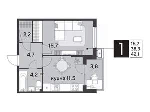 1-к квартира, строящийся дом, 42м2, 2/9 этаж