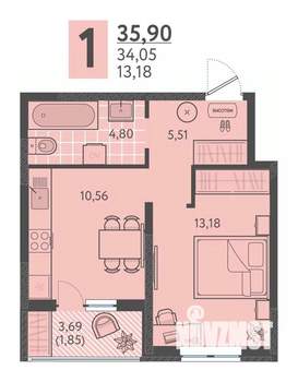 1-к квартира, вторичка, 36м2, 8/18 этаж