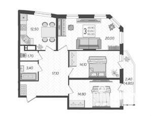 3-к квартира, вторичка, 86м2, 9/16 этаж