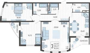 3-к квартира, строящийся дом, 111м2, 3/21 этаж