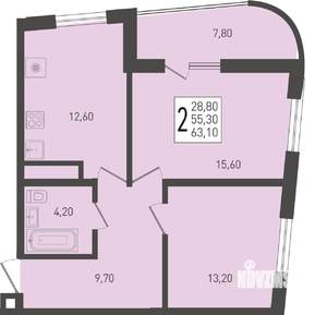 2-к квартира, строящийся дом, 63м2, 22/24 этаж
