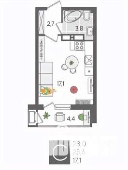 Студия квартира, вторичка, 28м2, 13/24 этаж