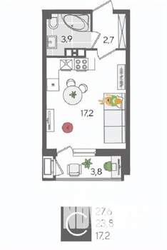 Студия квартира, вторичка, 28м2, 3/24 этаж