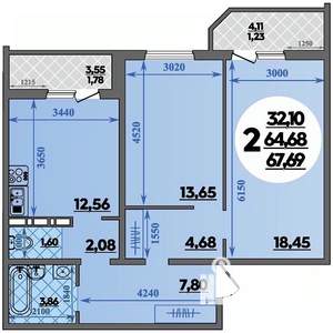 2-к квартира, строящийся дом, 68м2, 3/16 этаж